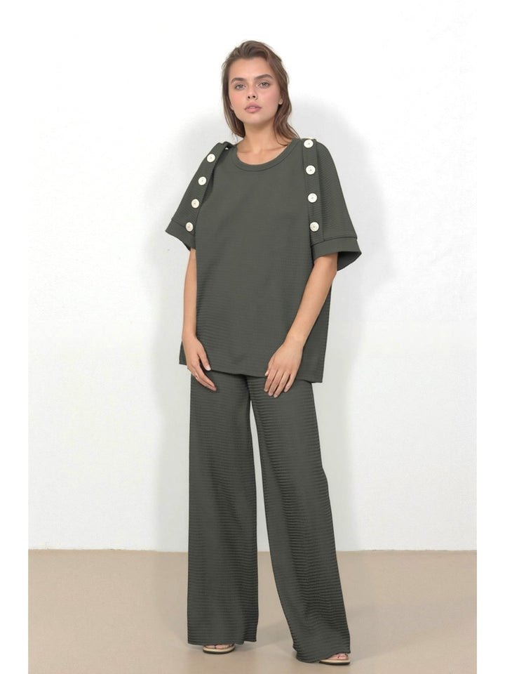 Khaki Women's Gold Button Wide Leg Trouser Comfy Co - Ord