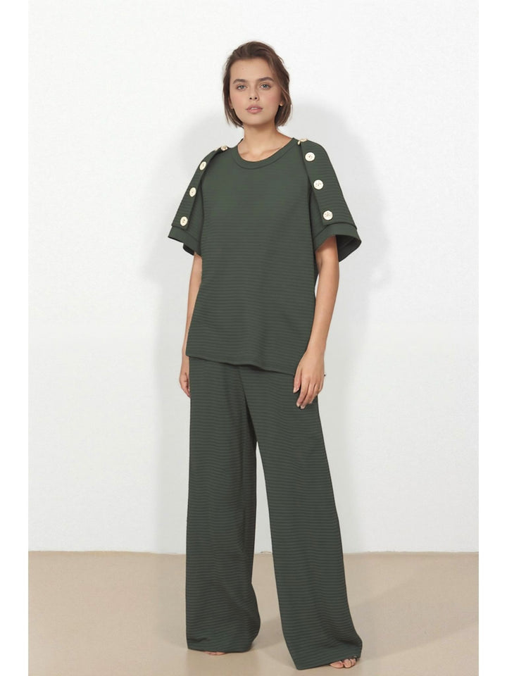 Khaki Women's Gold Button Wide Leg Trouser Comfy Co - Ord
