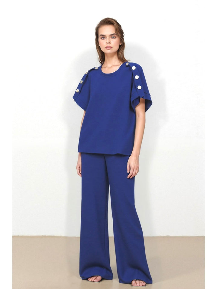 Royal Blue Women's Gold Button Wide Leg Trouser Comfy Co - Ord