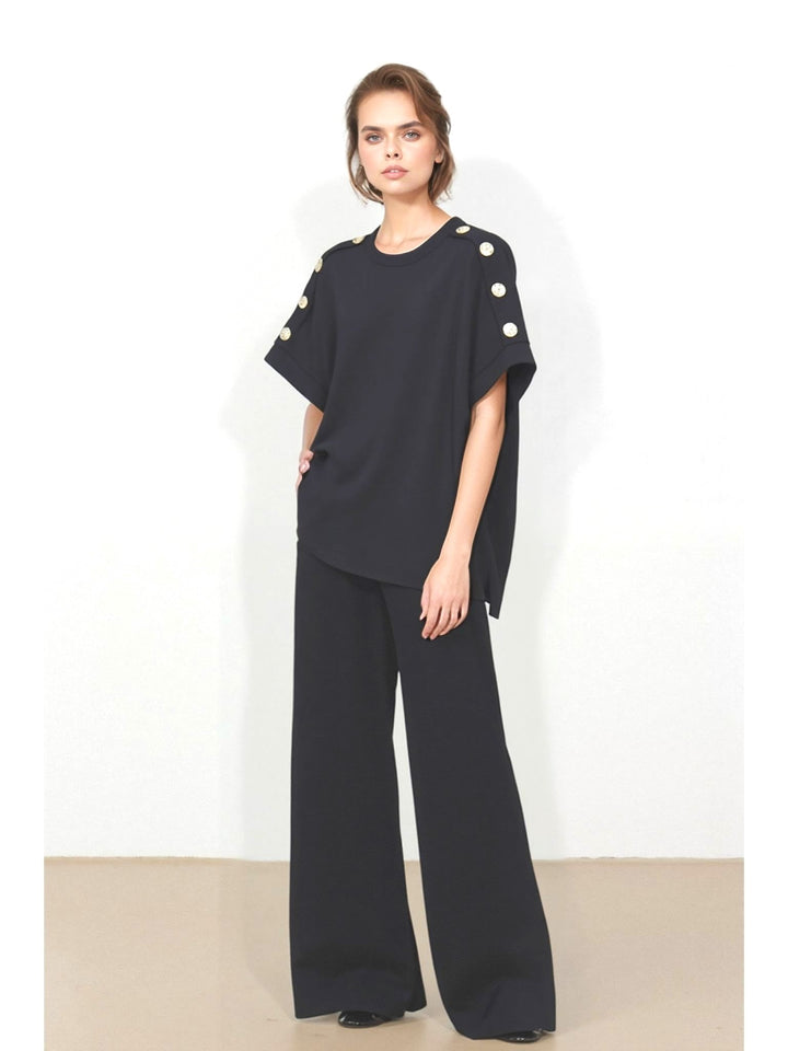 Black Women's Gold Button Wide Leg Trouser Comfy Co - Ord