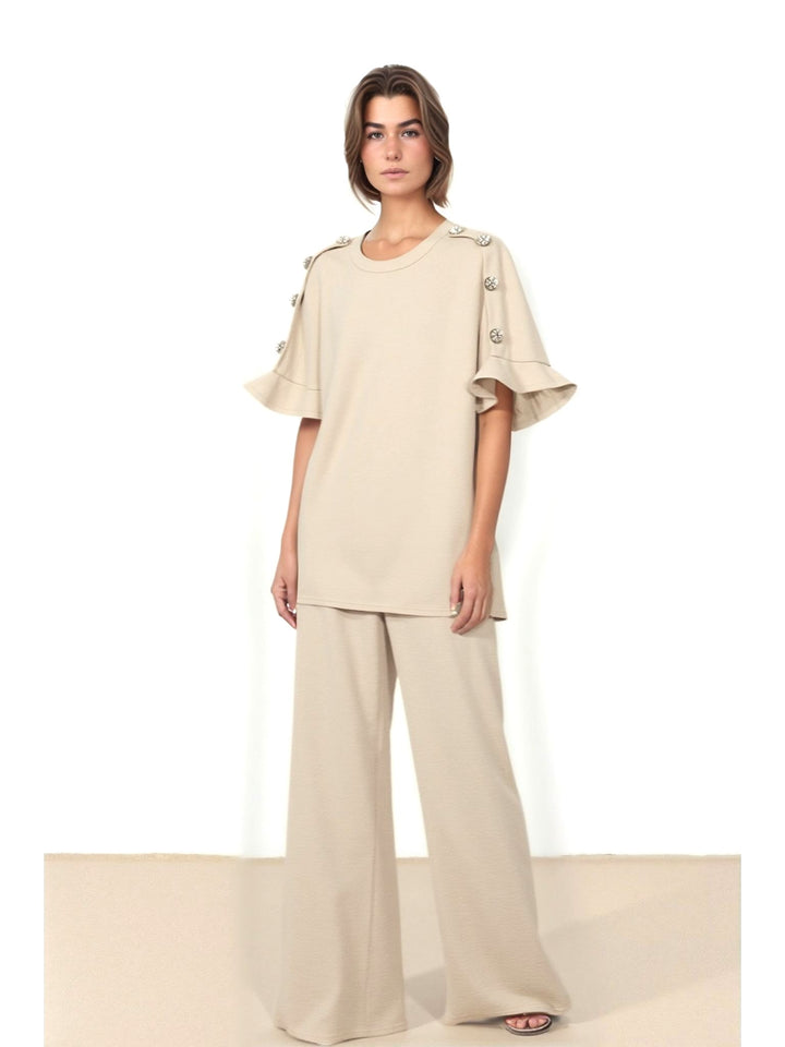 Beige Women's Gold Button Wide Leg Trouser Comfy Co - Ord