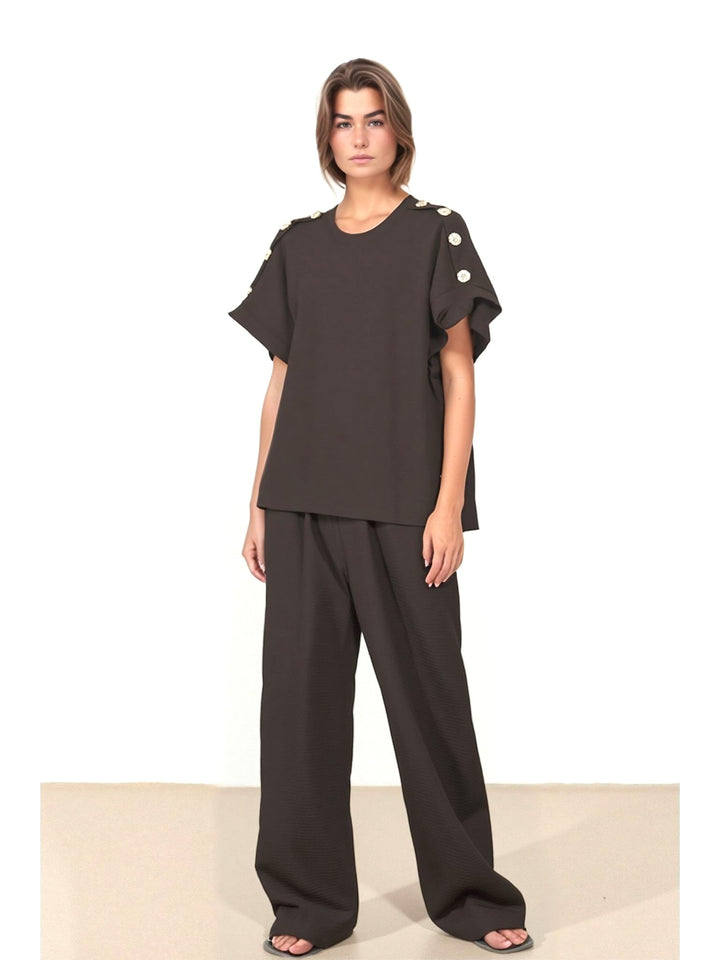 Brown Women's Gold Button Wide Leg Trouser Comfy Co - Ord