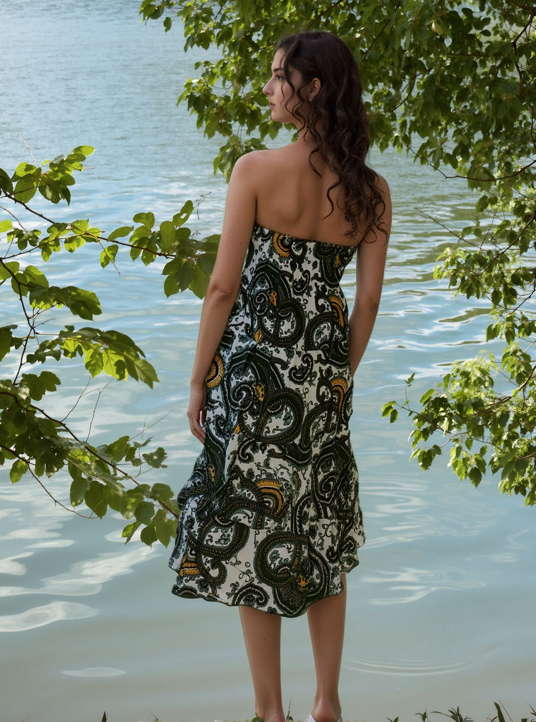 Green Paisley Print Bandeau Tie Back Dress