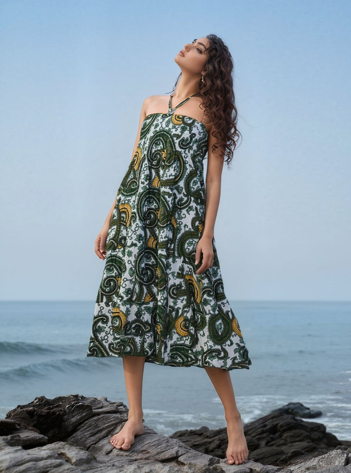 Green Paisley Print Bandeau Tie Back Dress