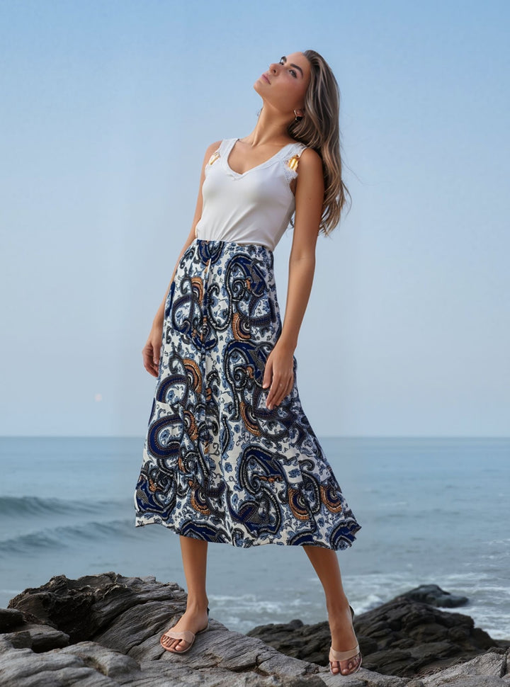 Blue Paisley Print Maxi Skirt