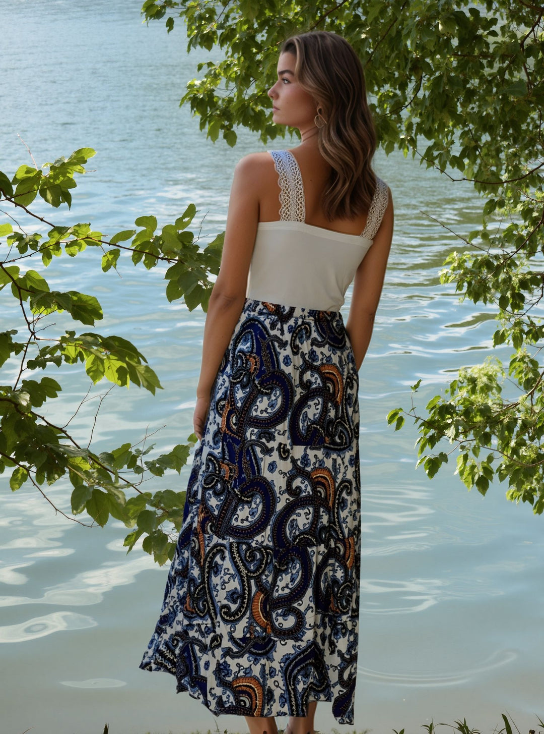 Blue Paisley Print Maxi Skirt