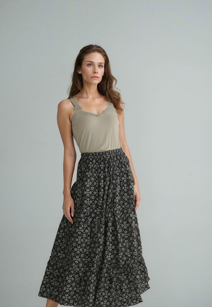 Taupe Paisley Print Maxi Skirt