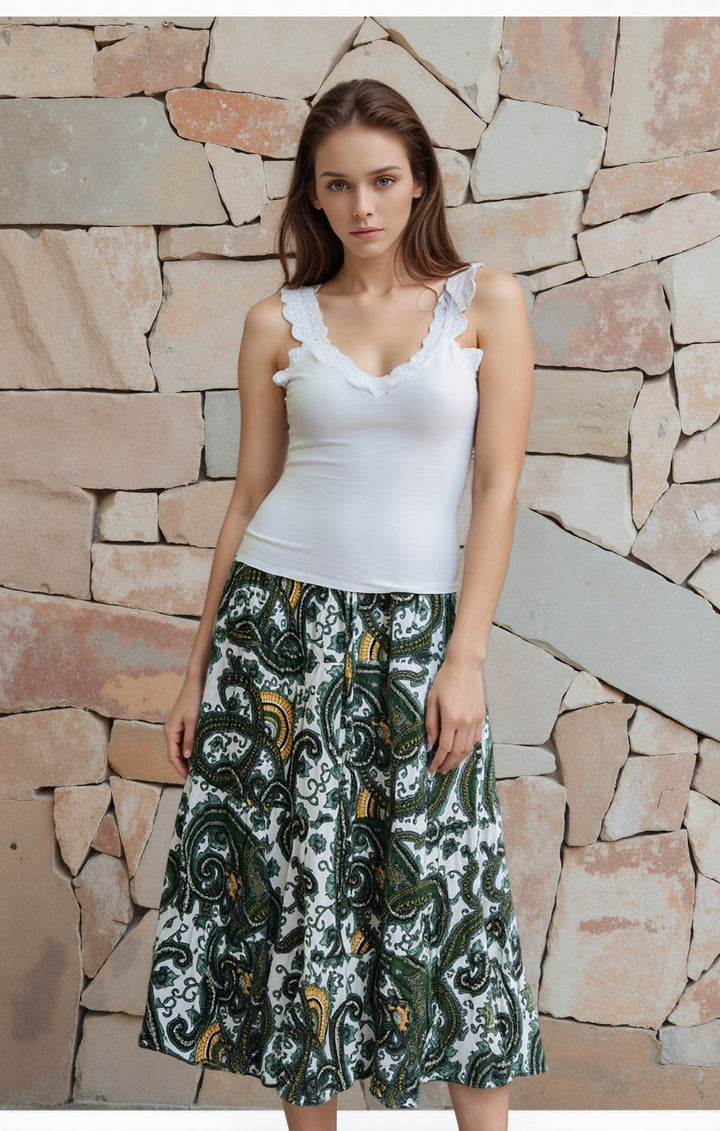 Green Paisley Print Maxi Skirt