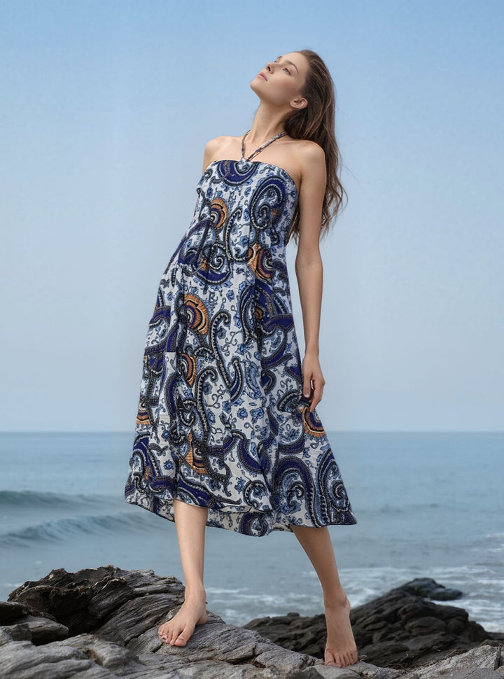 Blue Paisley Print Bandeau Tie Back Dress