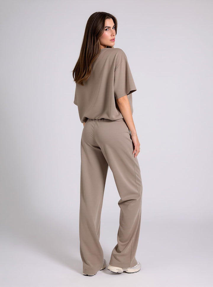 Taupe Cropped Top & Wide Leg Trouser Set with Seam Detail Co-ord