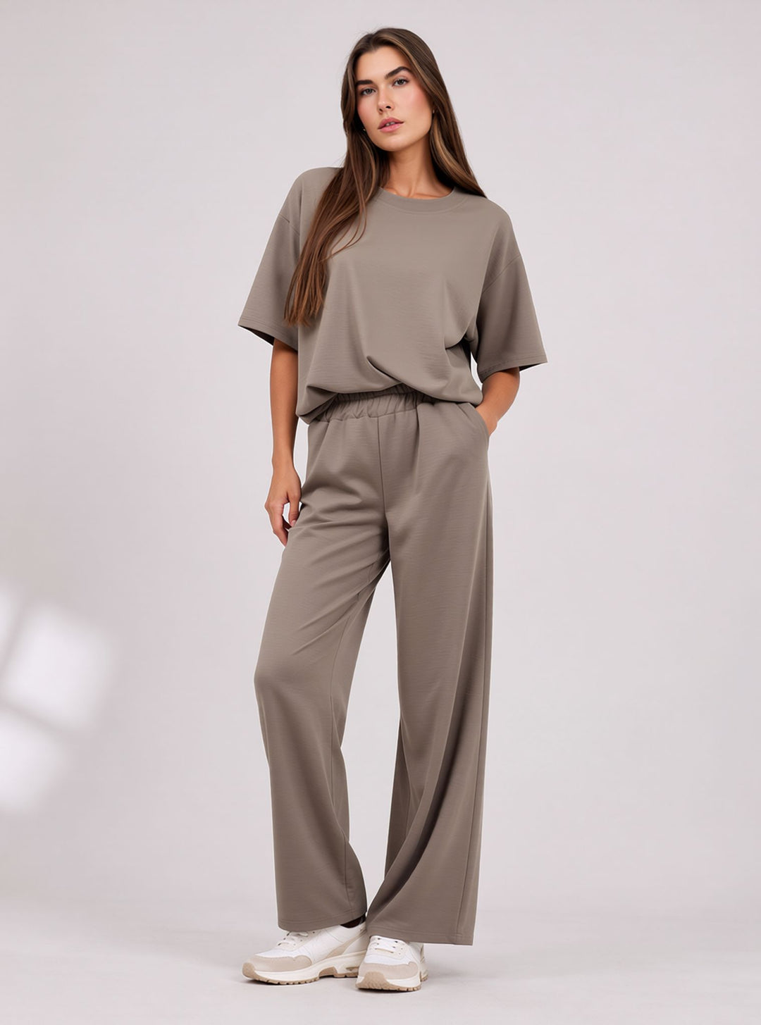 Taupe Cropped Top & Wide Leg Trouser Set with Seam Detail Co-ord