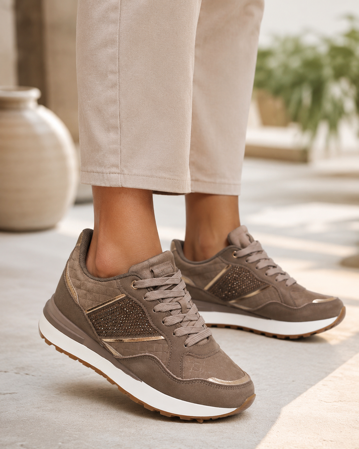 Taupe Diamante Lace-Up Fashion Trainers with Metallic Detail & Cushioned Sole