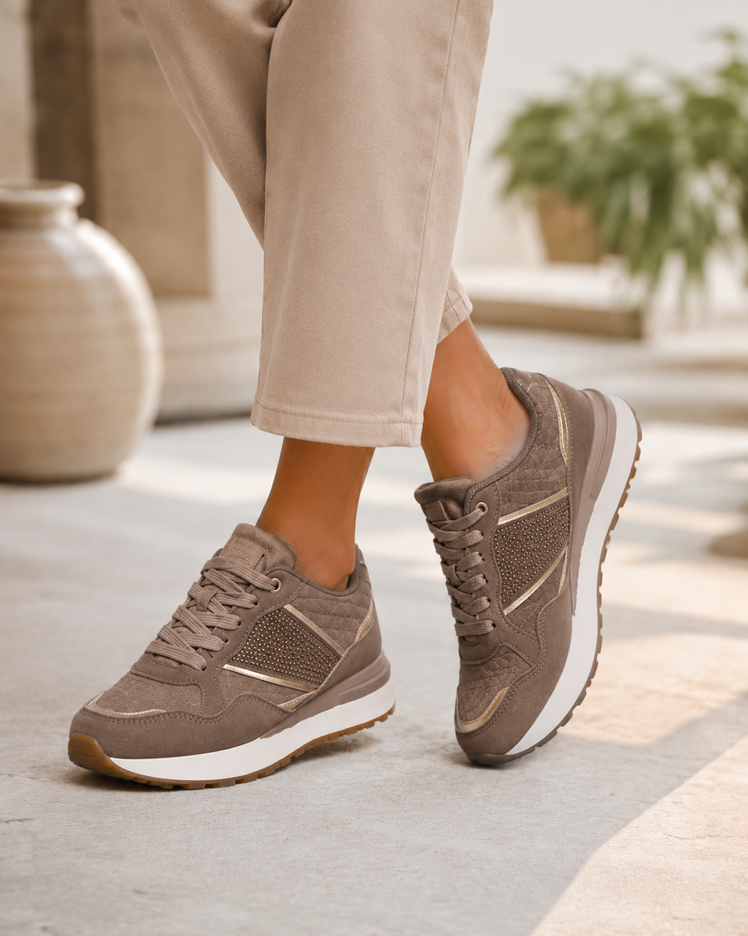 Taupe Diamante Lace-Up Fashion Trainers with Metallic Detail & Cushioned Sole