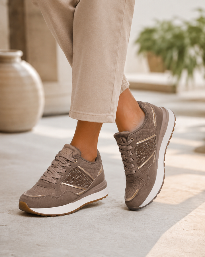 Taupe Diamante Lace-Up Fashion Trainers with Metallic Detail & Cushioned Sole