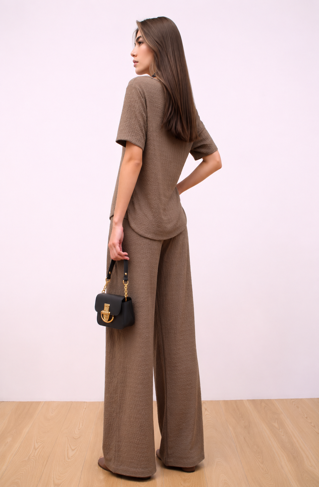 Taupe Elegant Draped Co-Ord SetWide Leg Trouser & Occasion Top Outfit