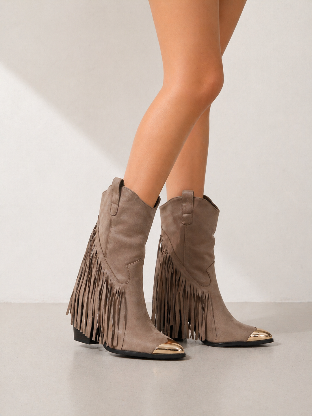 Taupe Fringe Cowboy Boots Western Block Heel Gold Toe Mid Calf Ankle Boots