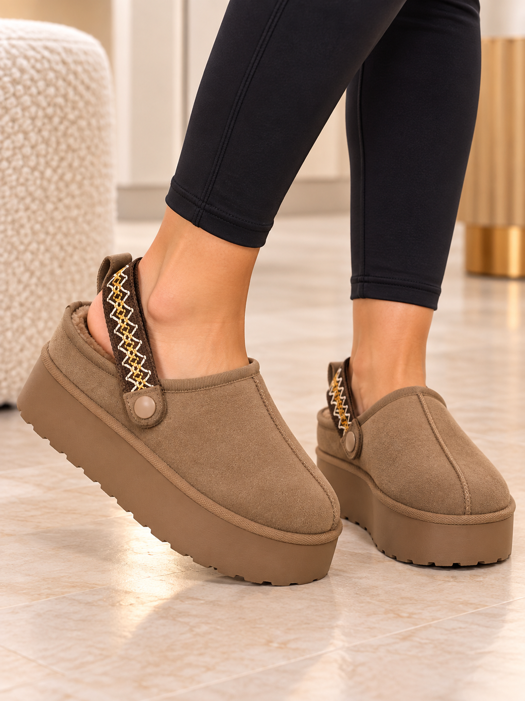 Taupe Fur Lined Platform Mule Clogs with Slingback Strap