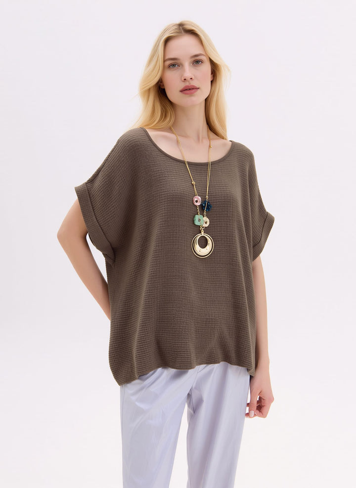 Taupe Loose Fit Short Sleeve Casual Waffle Texture Blouse with Necklace