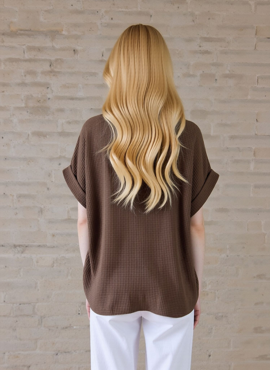 Taupe Loose Fit Short Sleeve Casual Waffle Texture Blouse with Necklace