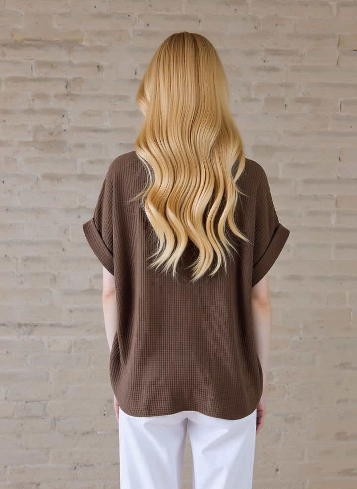 Taupe Loose Fit Short Sleeve Casual Waffle Texture Blouse with Necklace