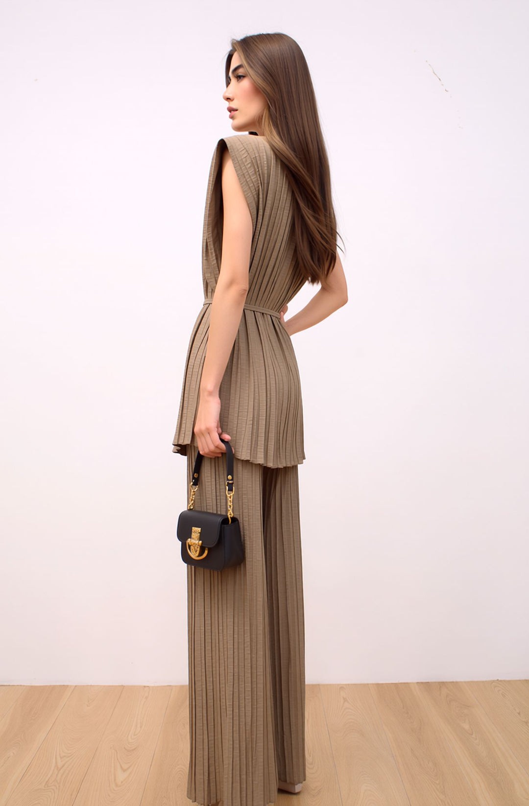 Taupe Pleated Wide Leg Co-Ord Set Elegant Relaxed Fit Two Piece Outfit