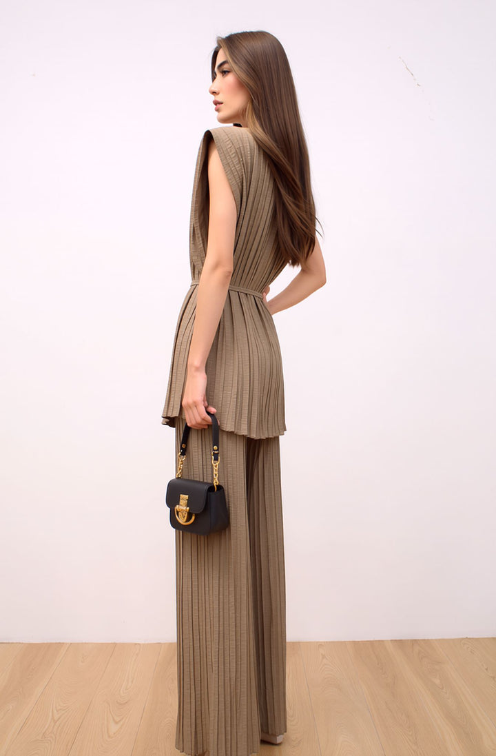 Taupe Pleated Wide Leg Co-Ord Set Elegant Relaxed Fit Two Piece Outfit