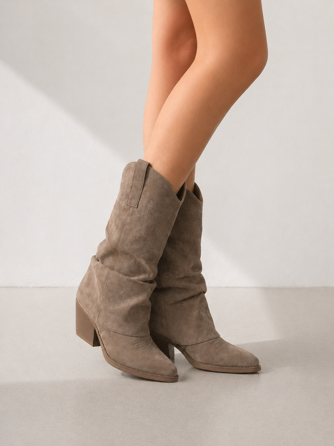 Taupe Slouchy Cowboy Boots Mid Calf Western Boots