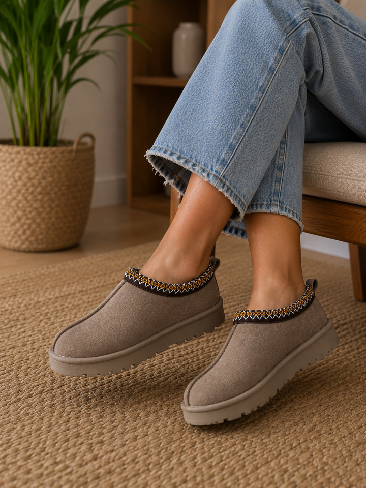 Taupe Snug Mule Faux Suede Clogs Comfortable Slip-On Shoes with Patterned Trim