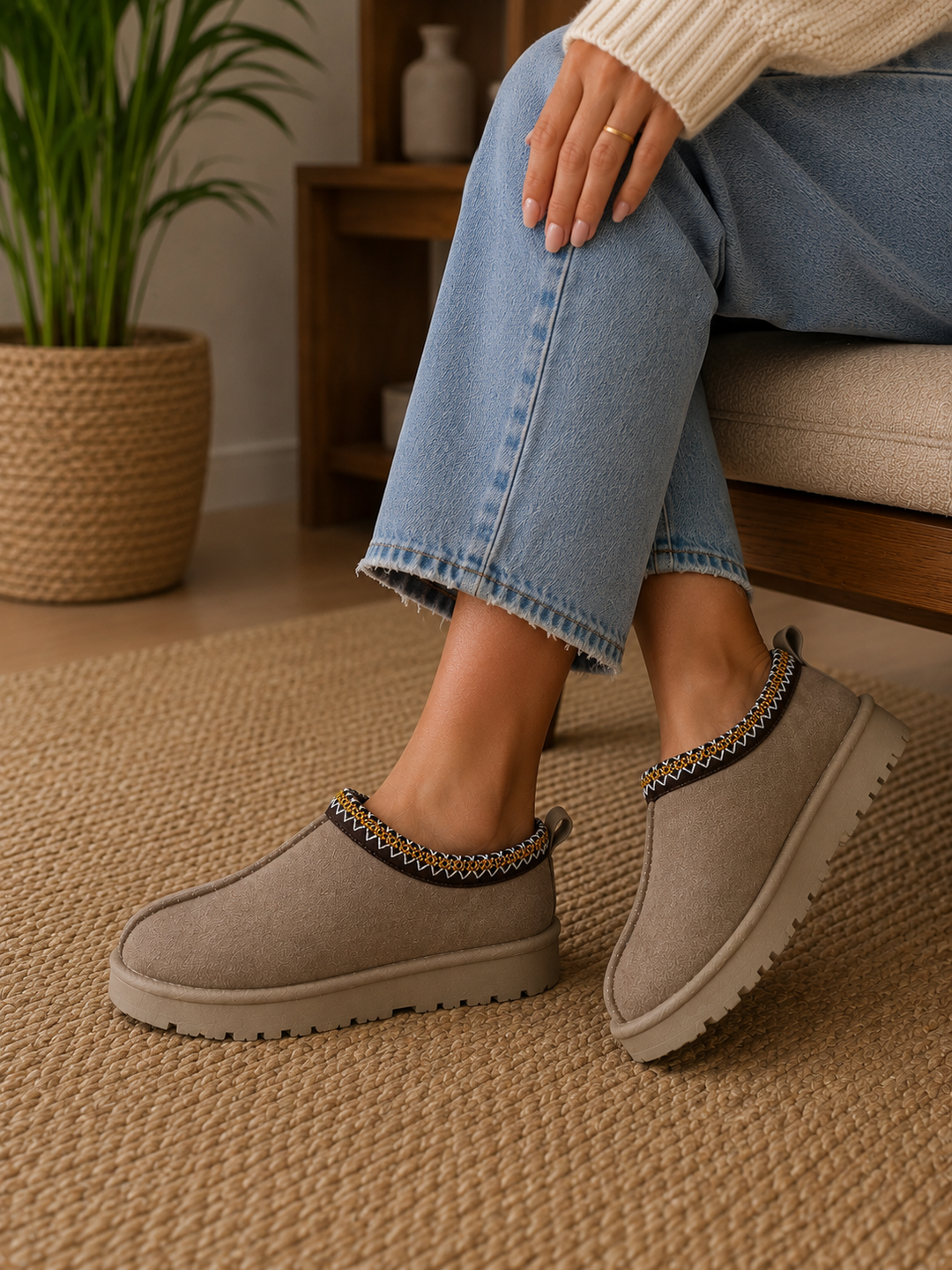 Taupe Snug Mule Faux Suede Clogs Comfortable Slip-On Shoes with Patterned Trim