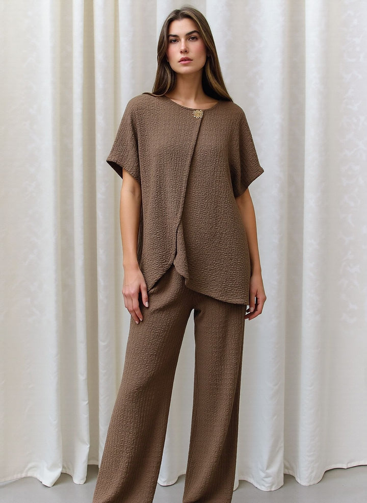 Taupe Textured Two Piece Co-Ord Set Relaxed Fit Overlay Top & Wide Leg Trousers