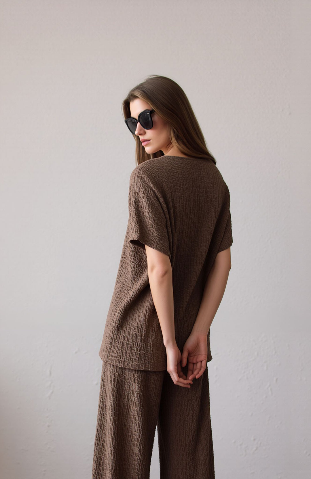 Taupe Textured Two Piece Co-Ord Set Relaxed Fit Overlay Top & Wide Leg Trousers