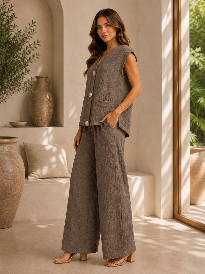 Taupe Textured Two Piece Co-Ord Set Sleeveless Gold Buttons Waistcoat & Wide Leg Trousers