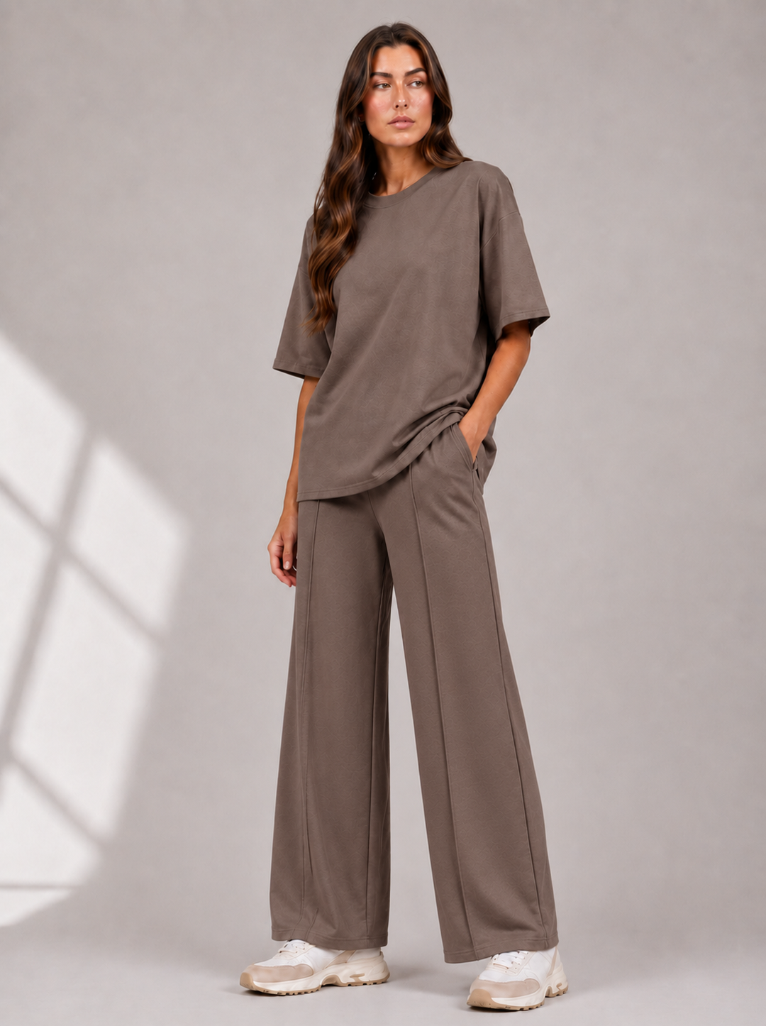 Taupe Two Piece Co-Ord Set Oversize Top with Seam Detail Wide Leg Trousers