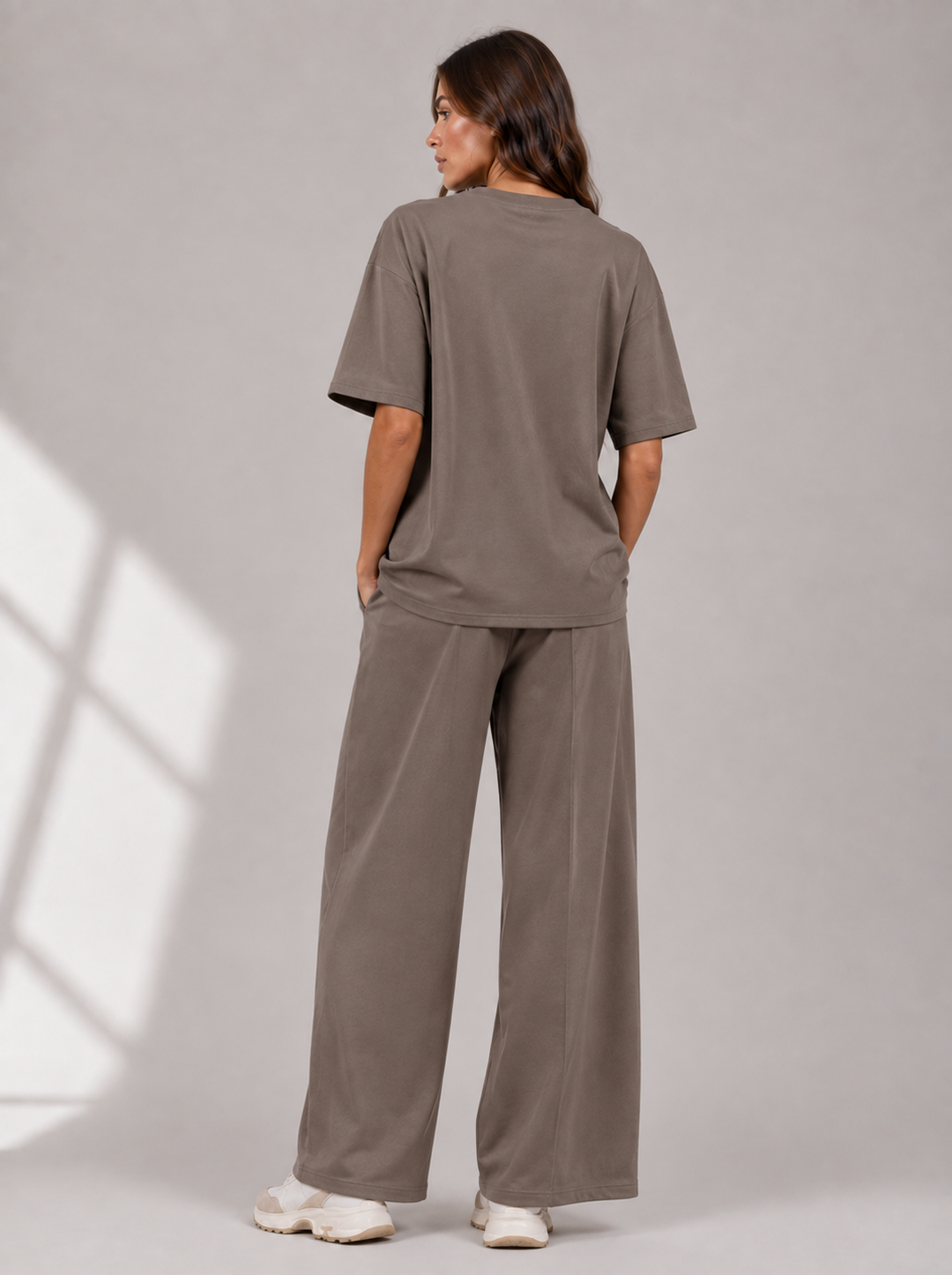 Taupe Two Piece Co-Ord Set Oversize Top with Seam Detail Wide Leg Trousers