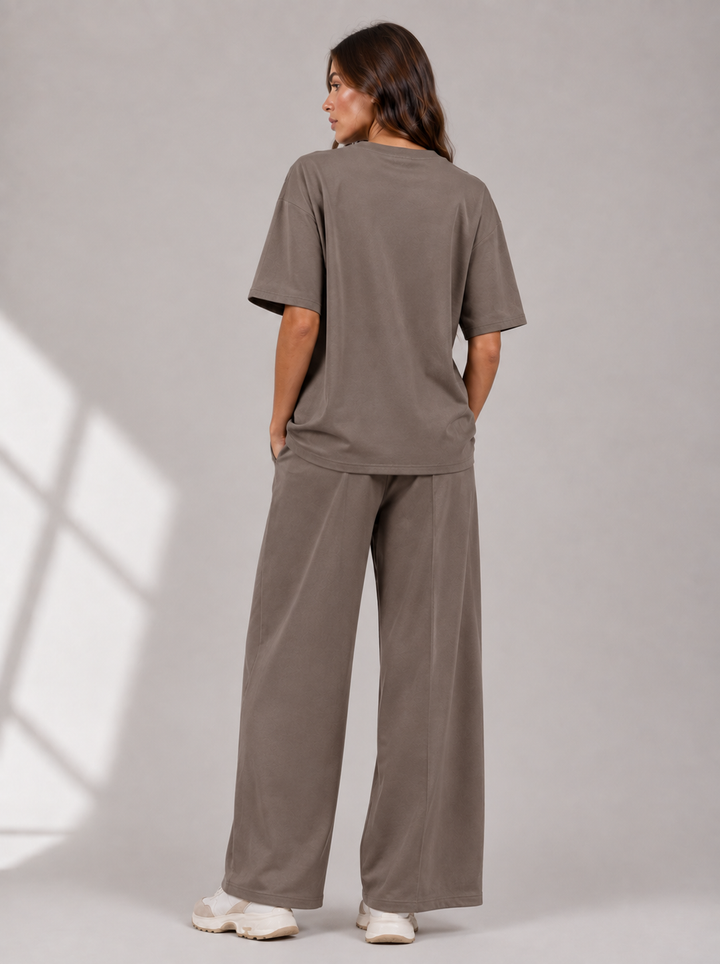 Taupe Two Piece Co-Ord Set Oversize Top with Seam Detail Wide Leg Trousers