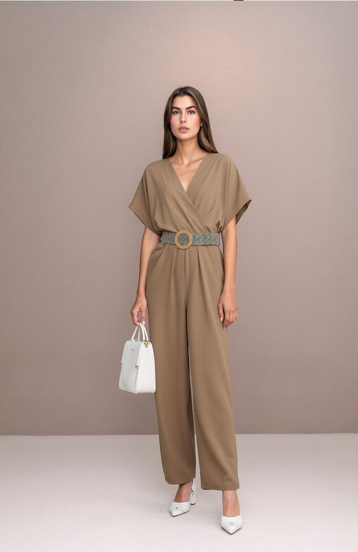 Taupe V-Neck Wide Leg Jumpsuit with Belt