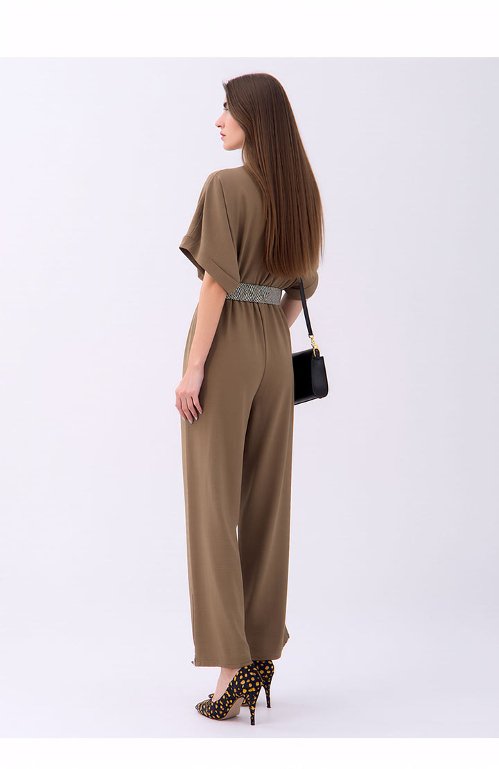 Taupe V-Neck Wide Leg Jumpsuit with Belt