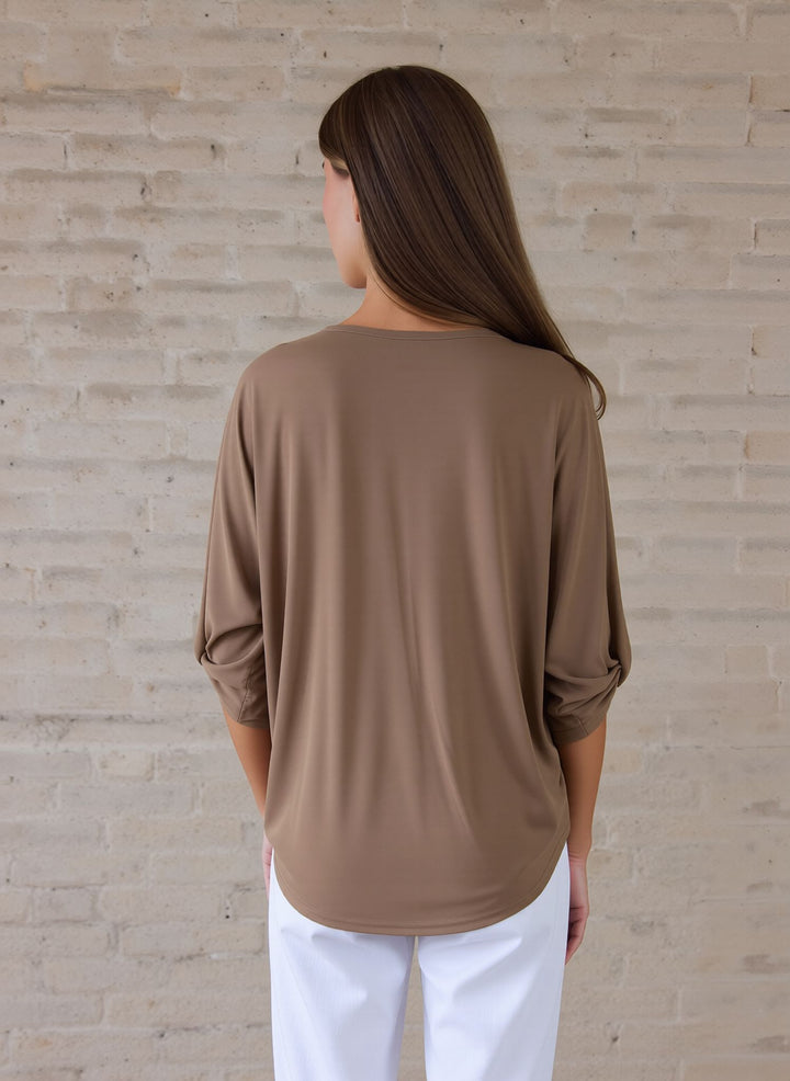 Taupe V-Neck Zip Detail Tunic Chic Top