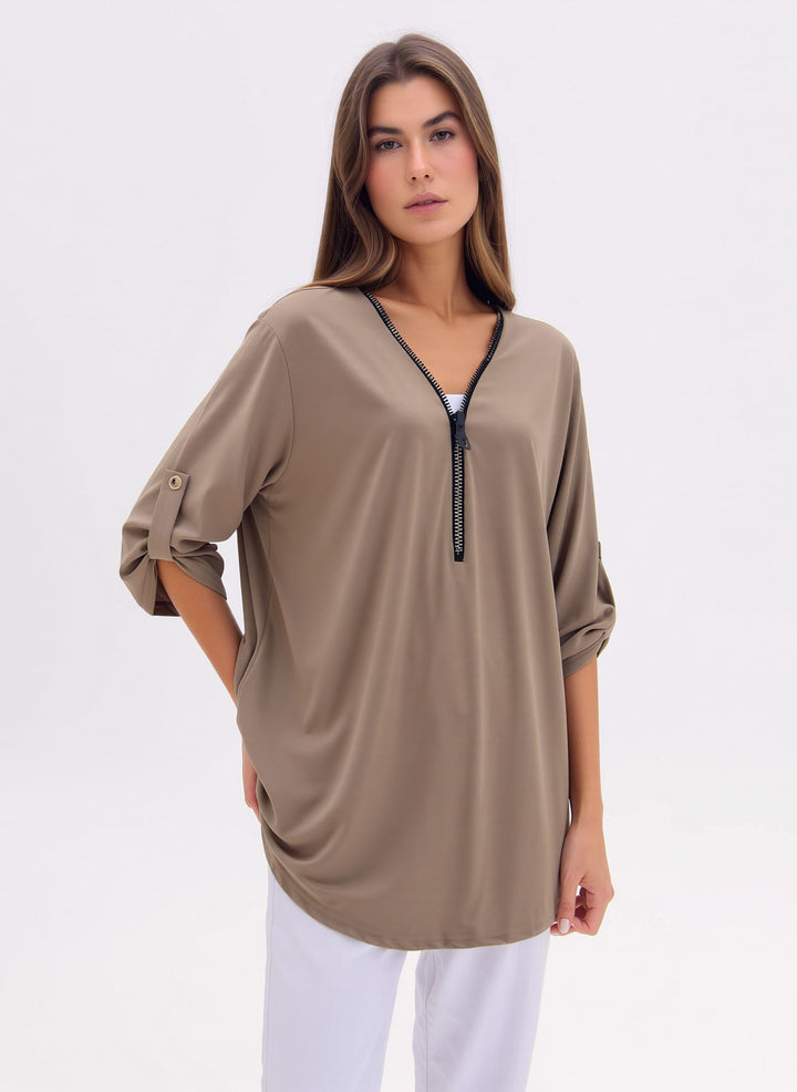 Taupe V-Neck Zip Detail Tunic Chic Top