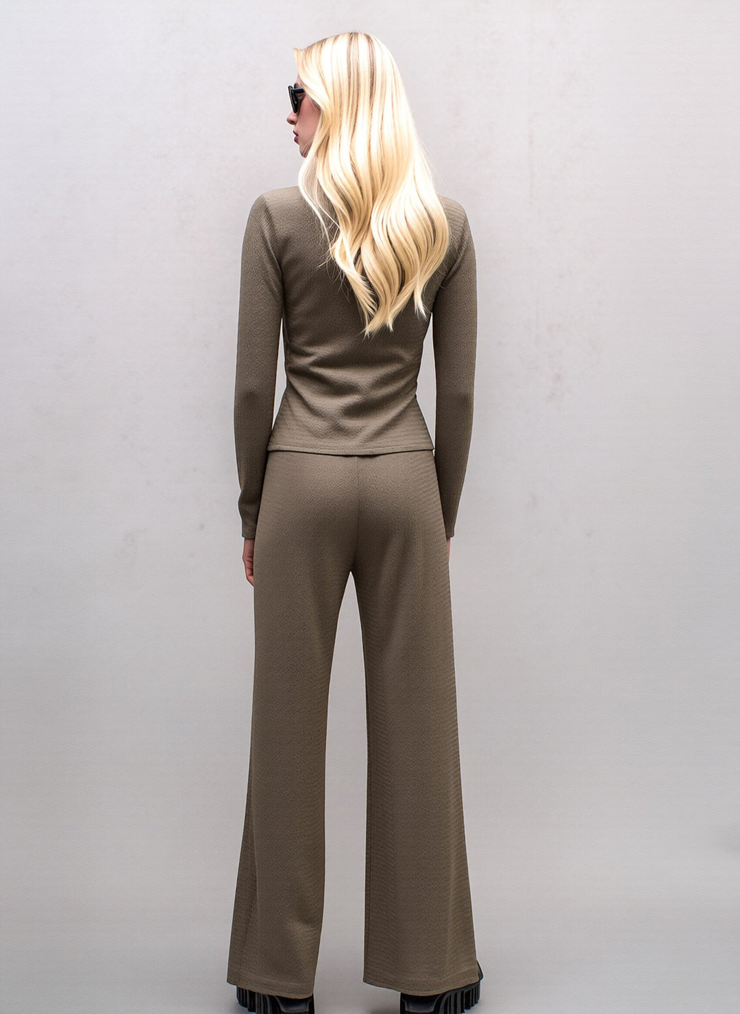 Taupe Wide Leg Co-Ord Set  Wrap Top & Trousers Two Piece Outfit