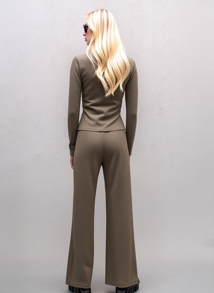 Taupe Wide Leg Co-Ord Set  Wrap Top & Trousers Two Piece Outfit