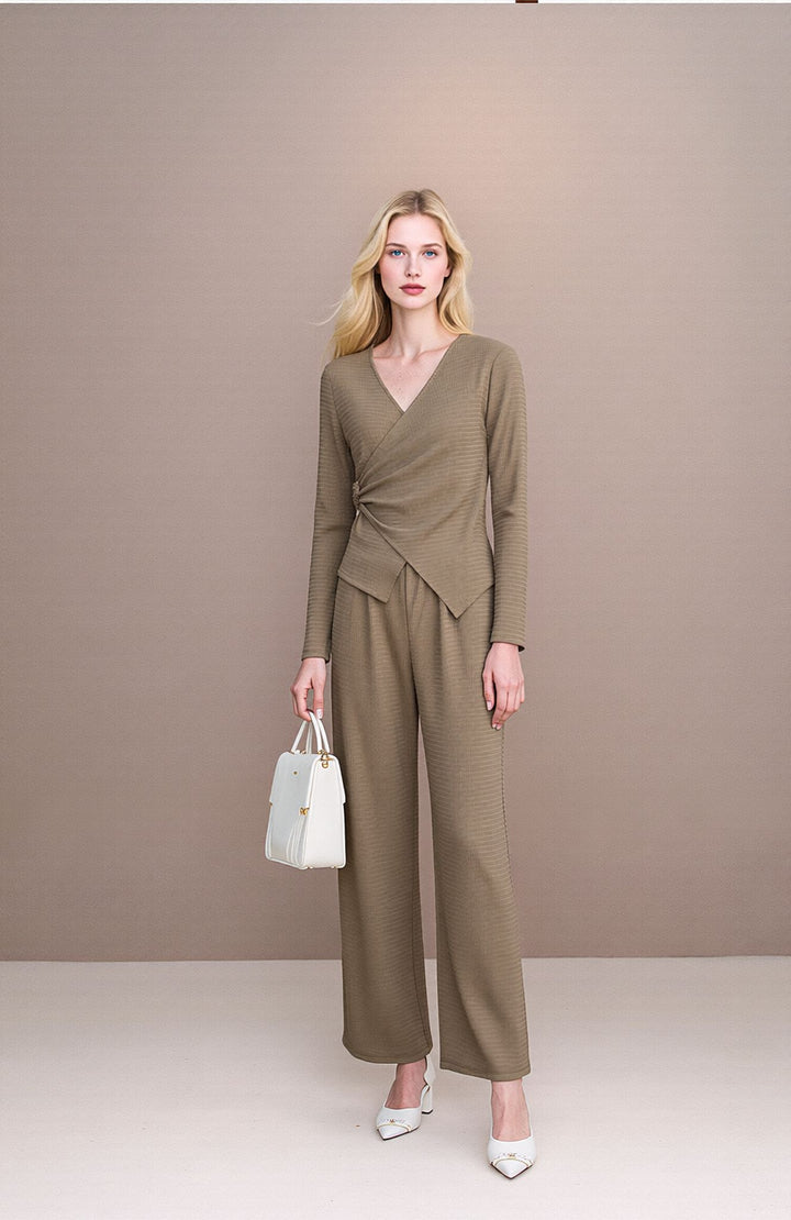 Taupe Wide Leg Co-Ord Set  Wrap Top & Trousers Two Piece Outfit