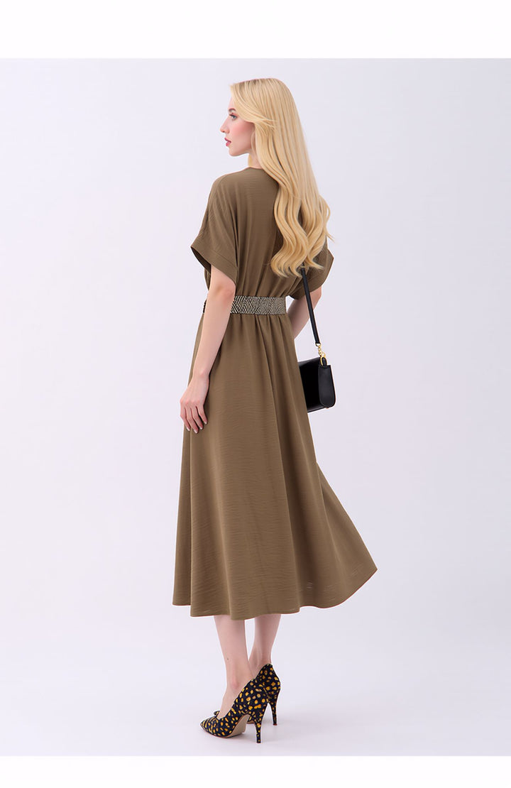 Taupe Wrap Midi Dress Elegant Summer Occasion Dress with Belt