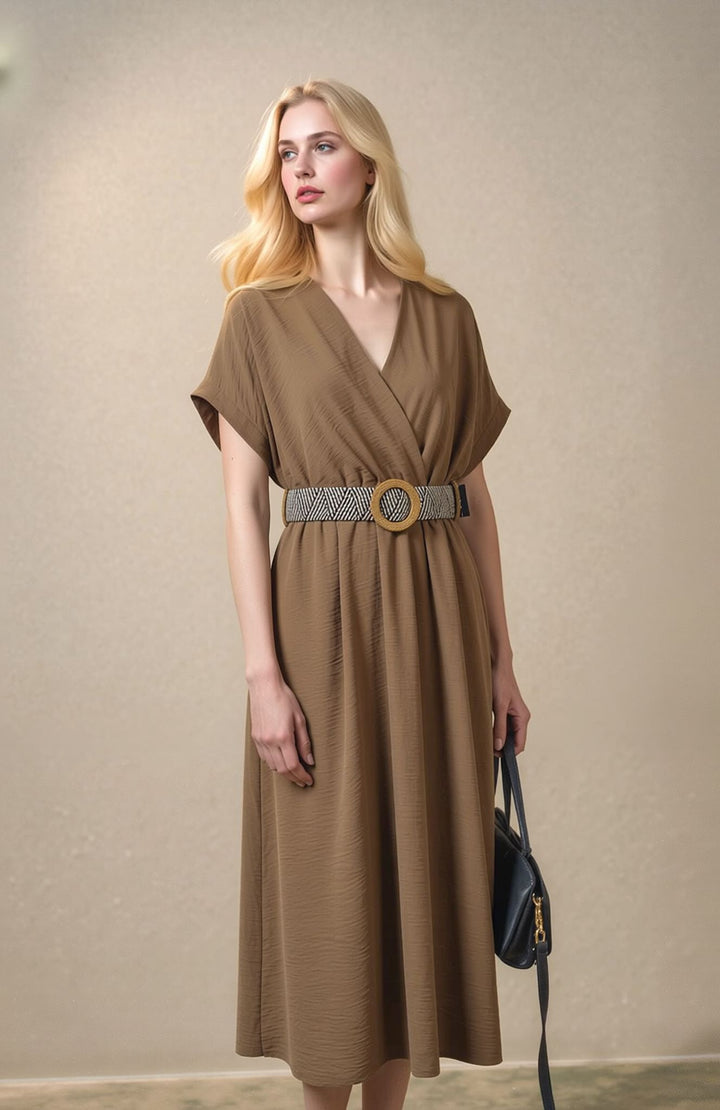 Taupe Wrap Midi Dress Elegant Summer Occasion Dress with Belt