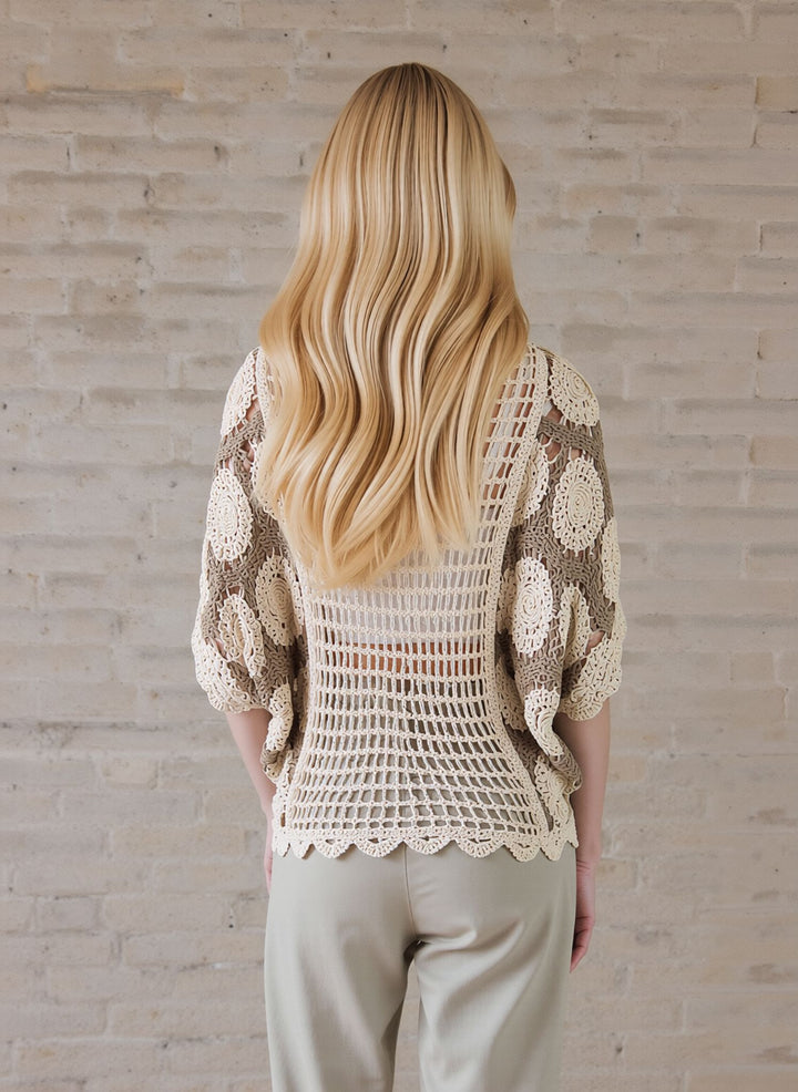 Taupe & Beige Crochet Boho Short Sleeve Knit Blouse Lace Top