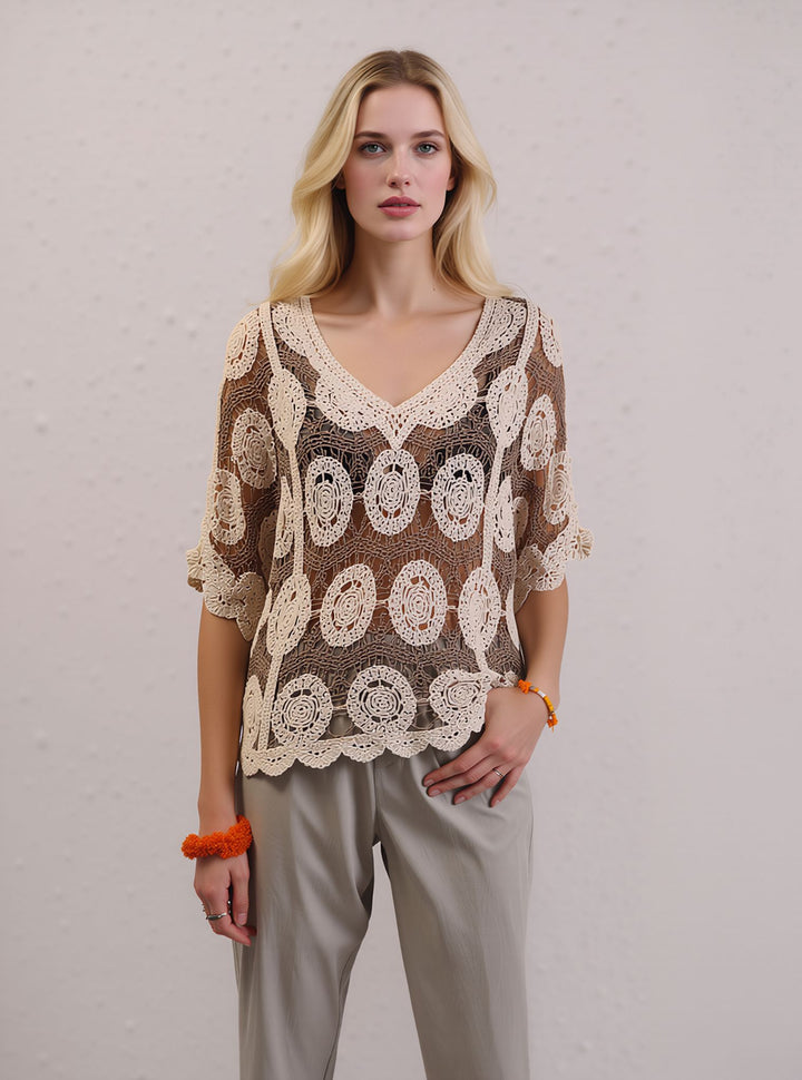 Taupe & Beige Crochet Boho Short Sleeve Knit Blouse Lace Top