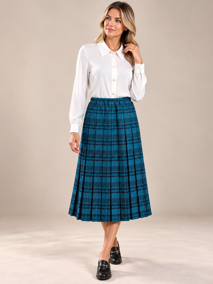 Teal Check Pleated Lined Elasticated Straight Skirt