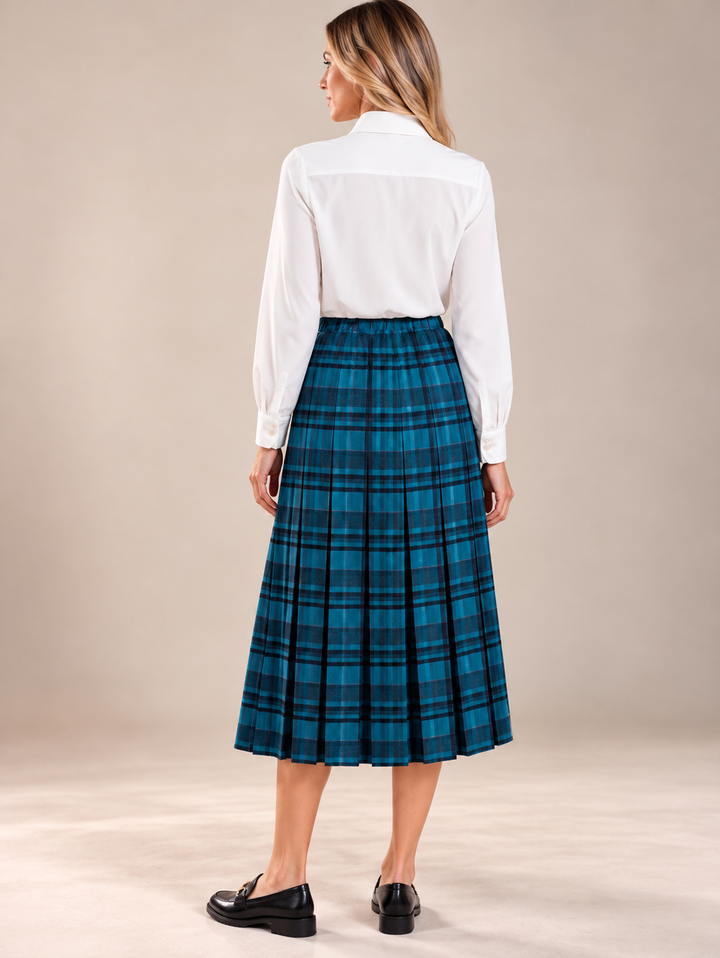 Teal Check Pleated Lined Elasticated Straight Skirt