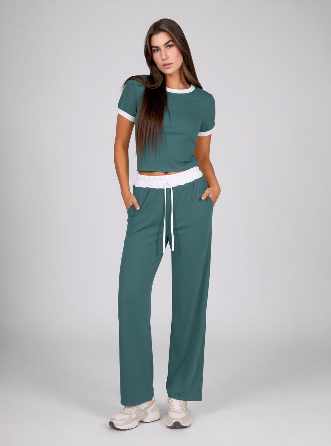 Teal Contrast Trim Lounge Set with Wide Leg Pants & Cropped T-Shirt Co-ord