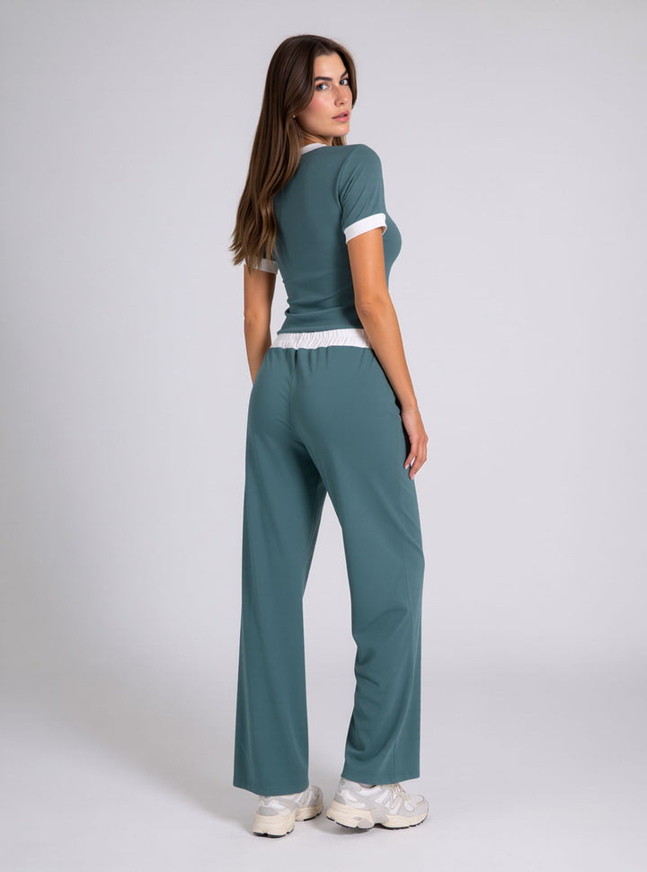Teal Contrast Trim Lounge Set with Wide Leg Pants & Cropped T-Shirt Co-ord